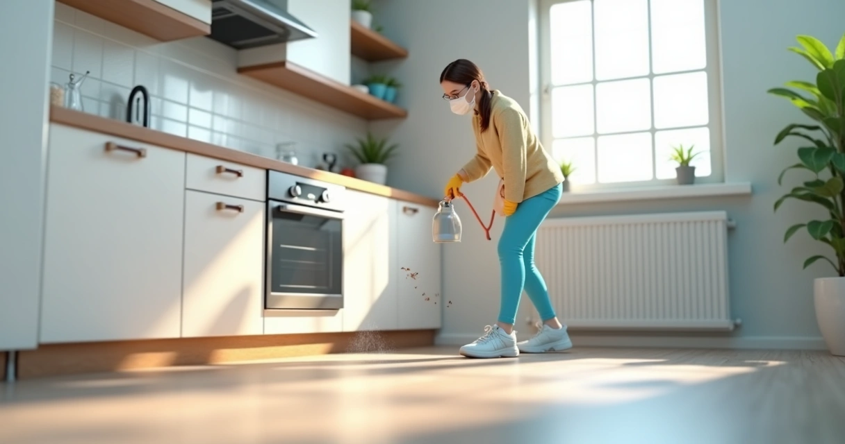 Pessoa aplicando pulverizador em rodapé de cozinha 