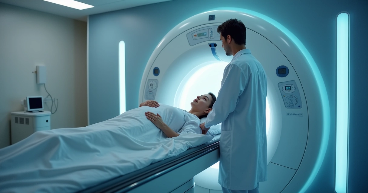 Médico ajustando máquina de radioterapia com paciente em posição.