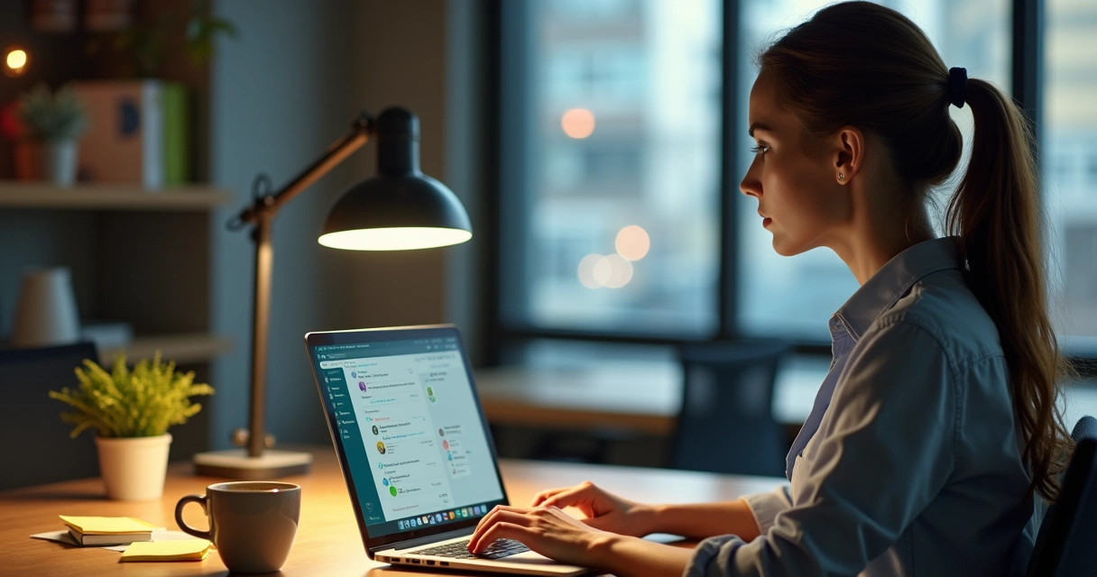 Jovem empresária usando notebook e WhatsApp com fluxos automatizados 