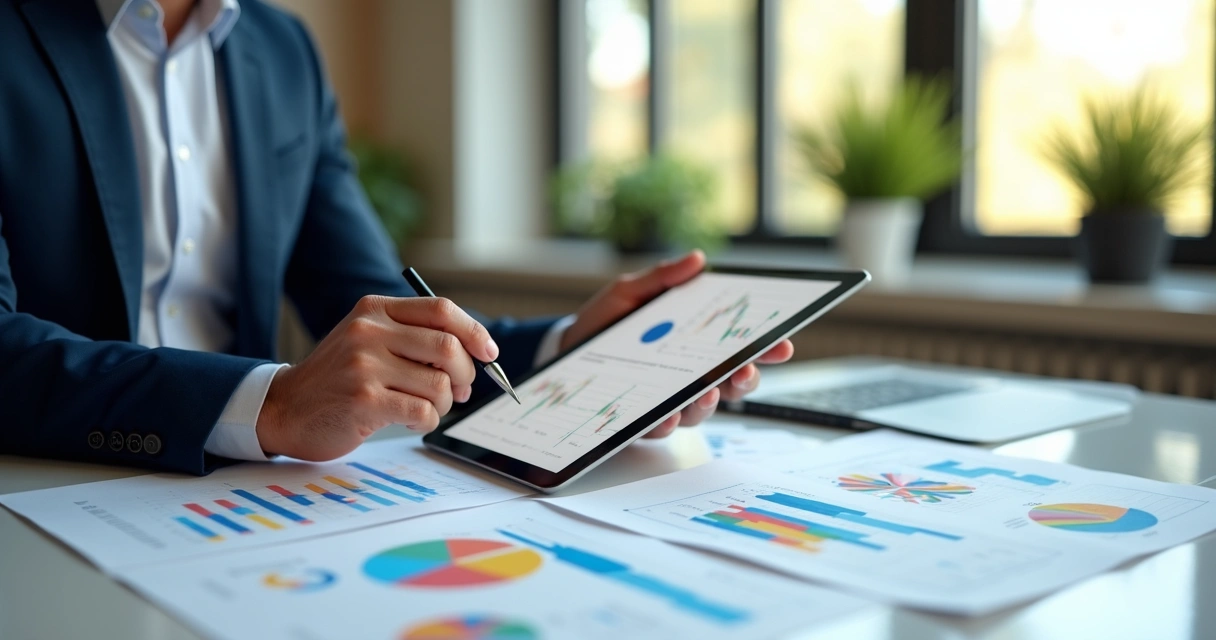 Empresário analisando gráficos de investimentos em escritório moderno 