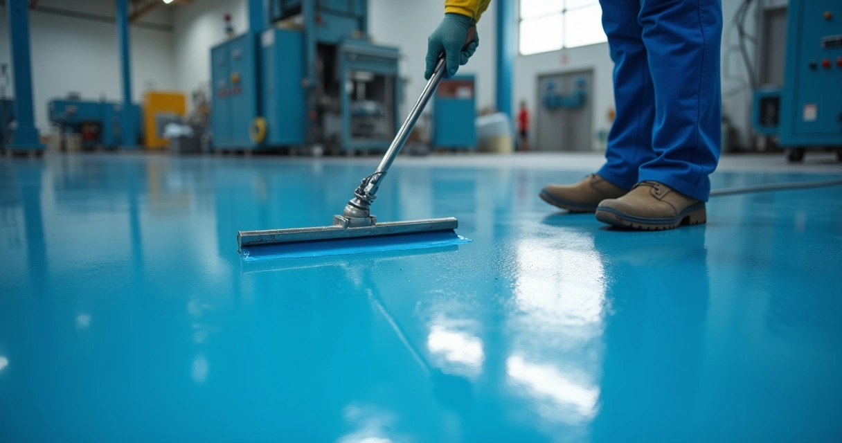 Profissional aplicando resinagem epóxi autonivelante em piso industrial 
