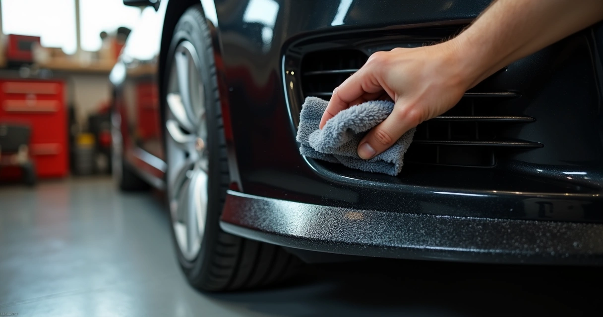 Mão aplicando revitalizador em para-choque de plástico preto de carro, com pano de microfibra e área parcialmente tratada com brilho e outra opaca 