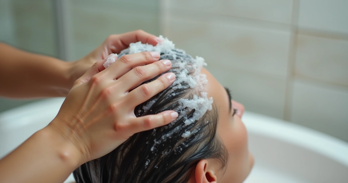 Pessoa aplicando shampoo em couro cabeludo em close up