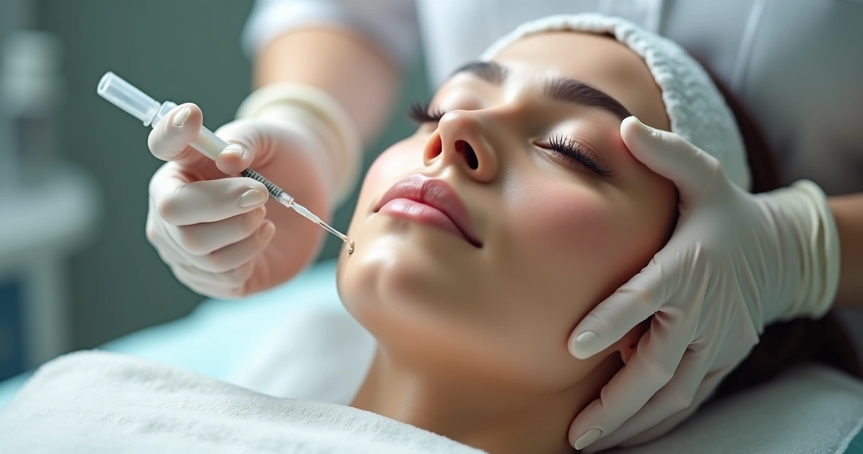 Aplicação de skinbooster no rosto feminino por profissional de estética 
