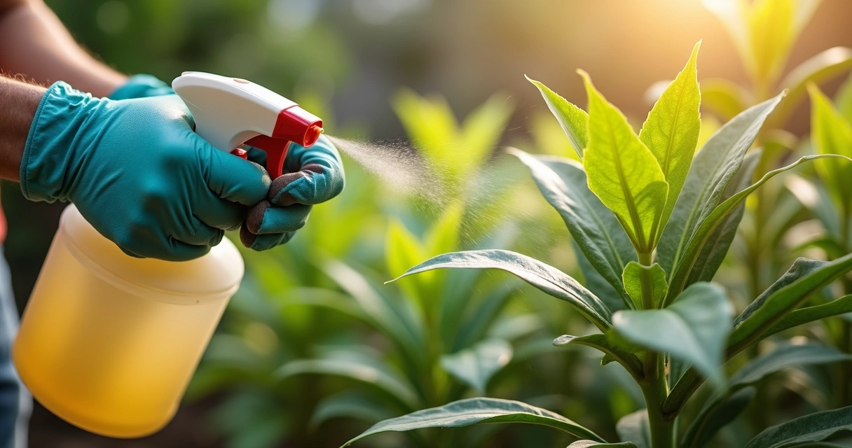 Pessoa aplicando solução caseira em planta com cochonilha 