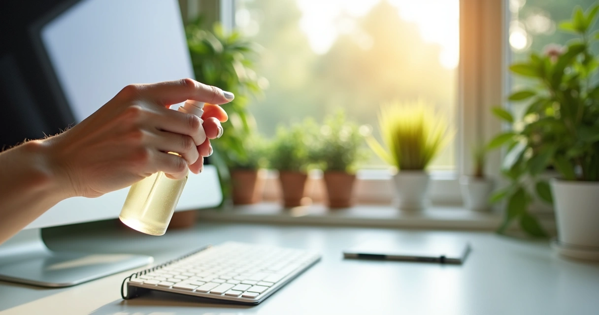Pessoa aplicando spray energético com borrifador sobre a mesa de trabalho 