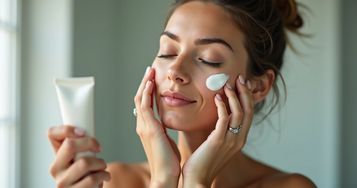 Paciente aplicando creme no rosto em frente ao espelho, área iluminada 