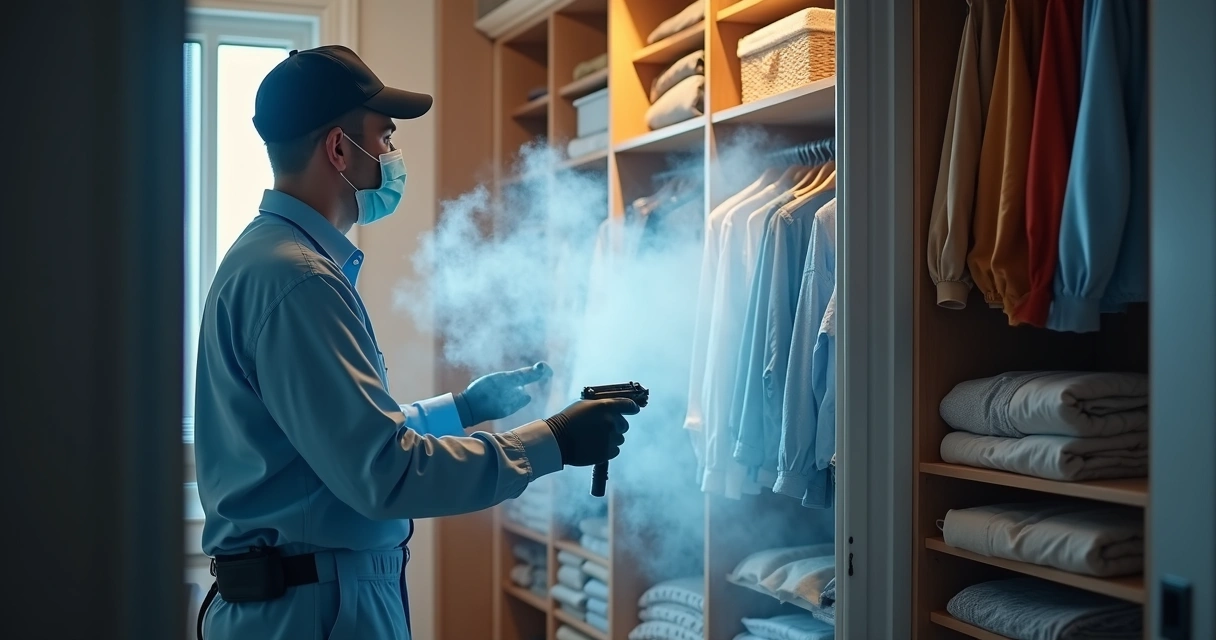 Dedetização de Traças: Como eliminar traças em 2026 1 Profissional fazendo a termonebulização em ambiente interno