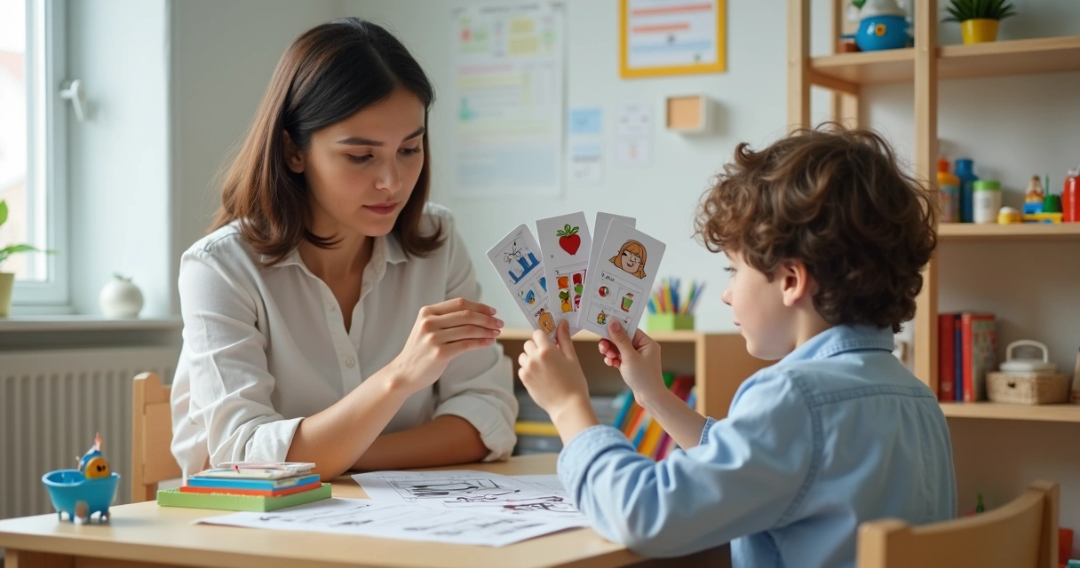Psicóloga aplicando teste neuropsicológico em criança