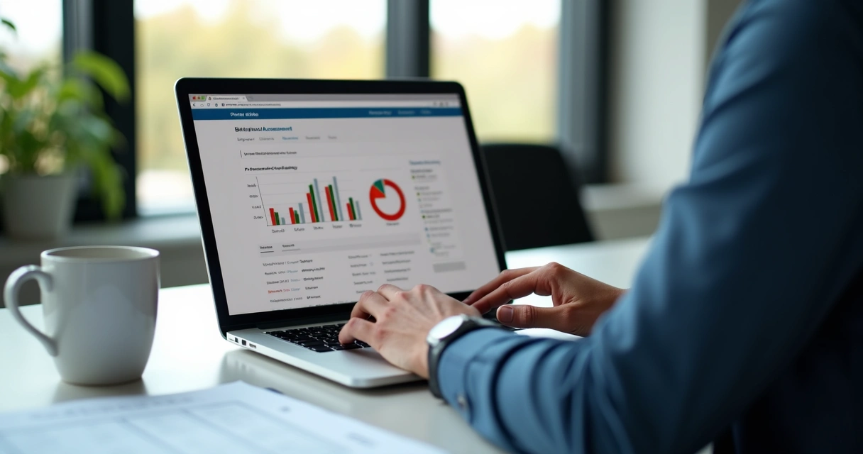 Profissional de RH aplicando teste comportamental em notebook 