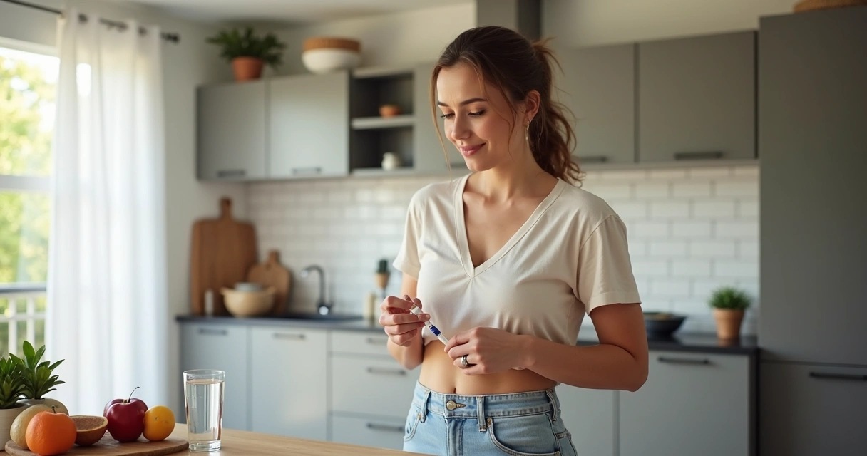 Mulher aplicando tirzepatida no abdômen com expressão serena 
