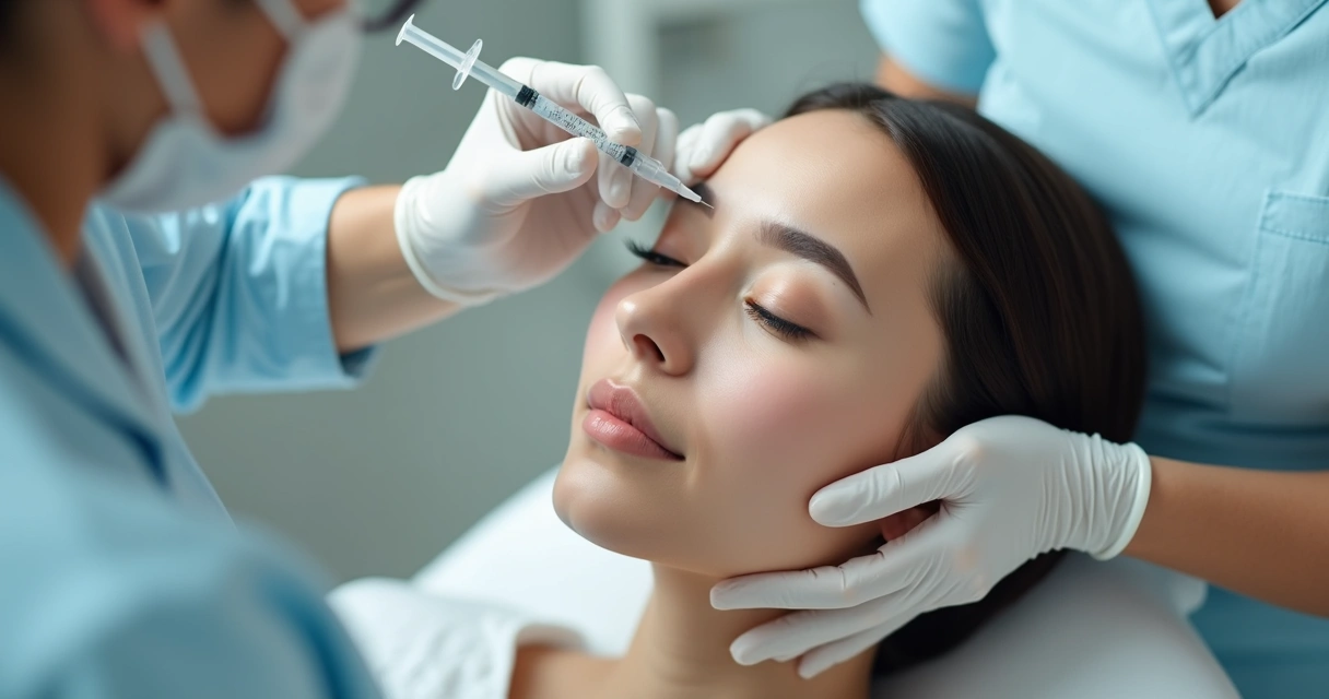 Profissional aplicando toxina botulínica na testa de paciente 