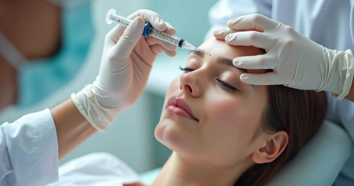 Profissional aplicando toxina botulínica na testa de uma paciente 