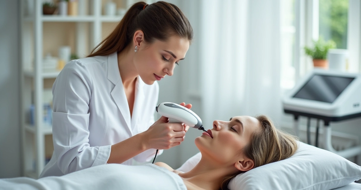 Profissional aplicando ultrassom em rosto de mulher em clínica estética 