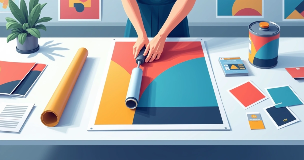 Profissional aplicando verniz de proteção em material gráfico colorido sobre mesa de trabalho 