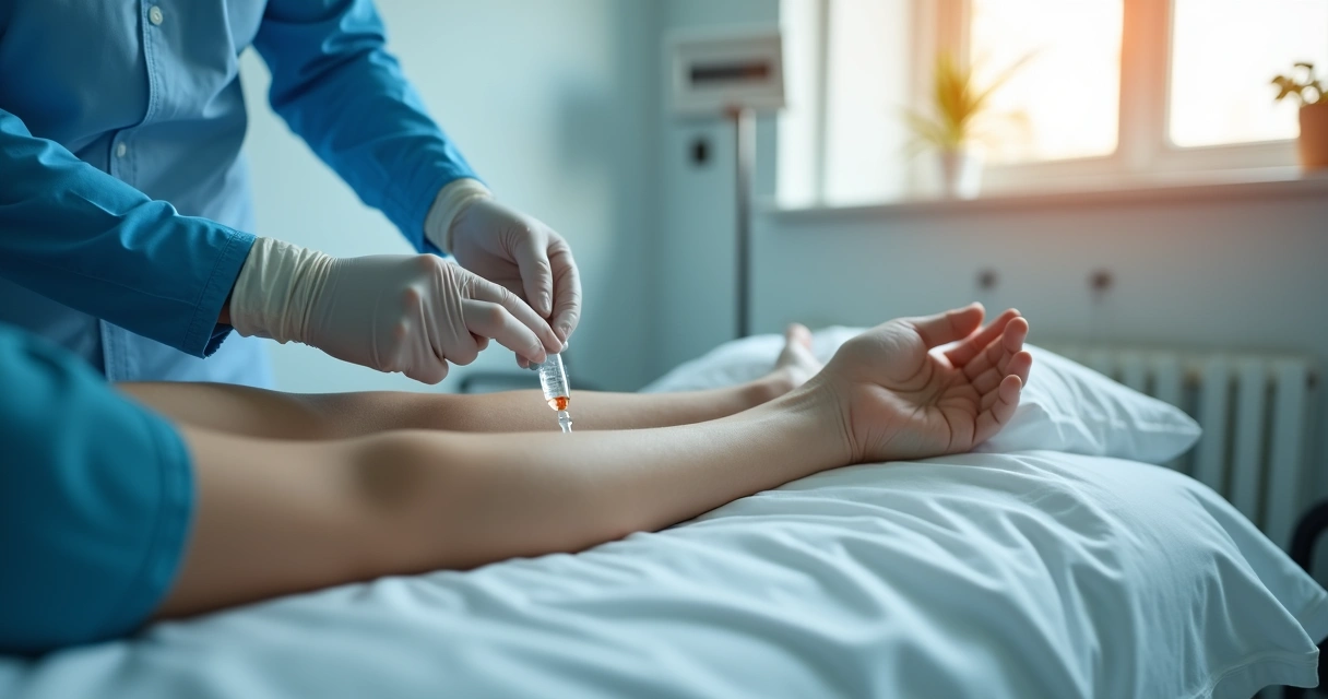 Aplicação de infusão intravenosa em paciente em ambiente de clínica