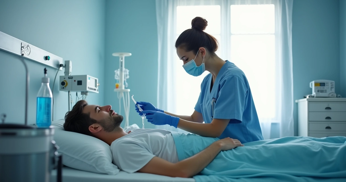 Profissional aplica terapia intravenosa em paciente deitado em consultório