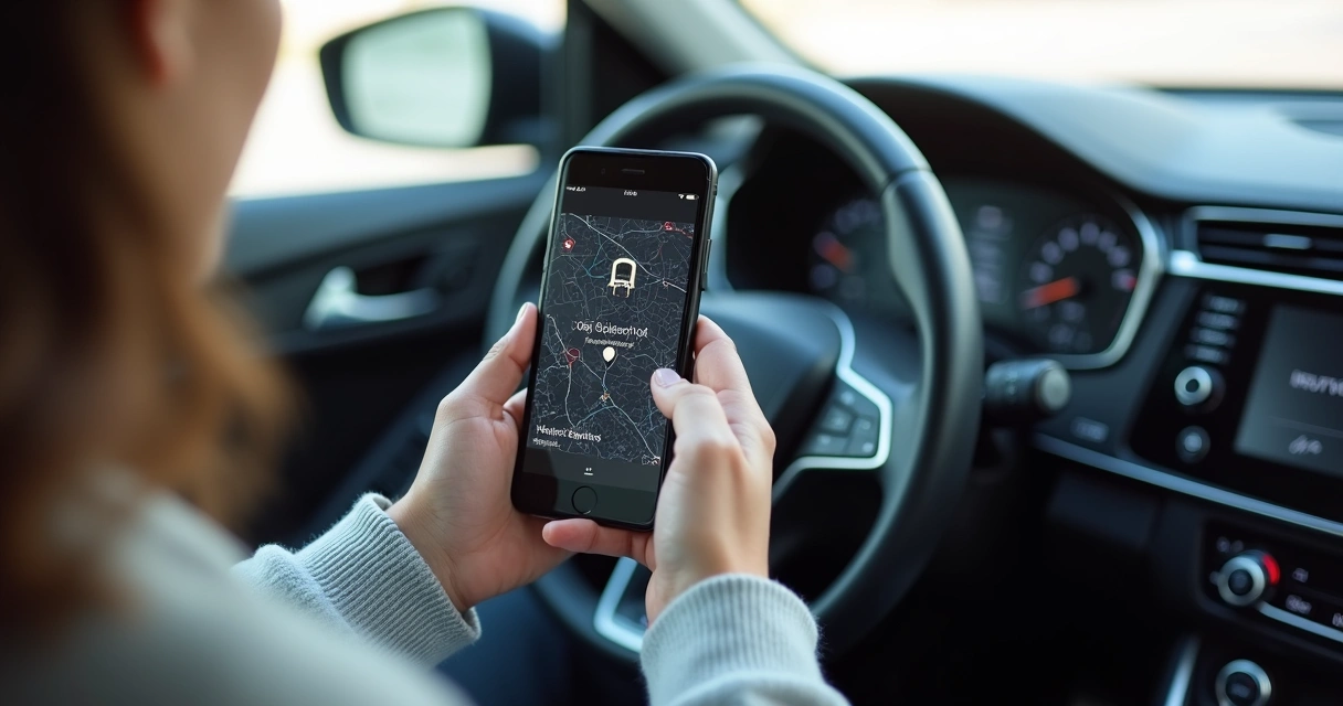 Persona revisando aplicación de rastreo de auto en smartphone 