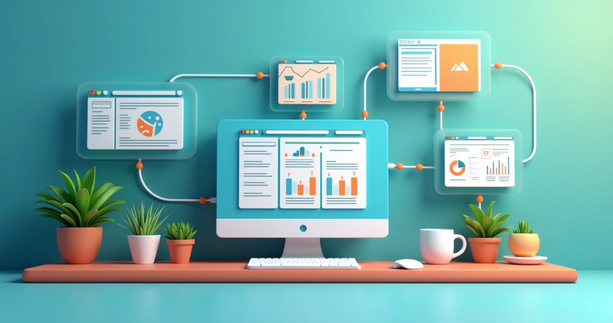Ilustração de sistemas de uma PME conectados entre si, mostrando fluxo de troca de dados 