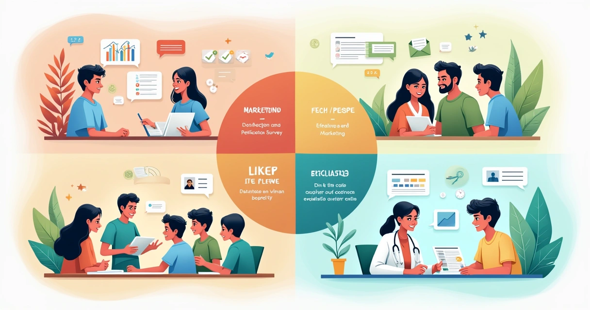 Aplicações da escala Likert em marketing, avaliação, educação e saúde, ilustrando feedback e satisfação diversos.