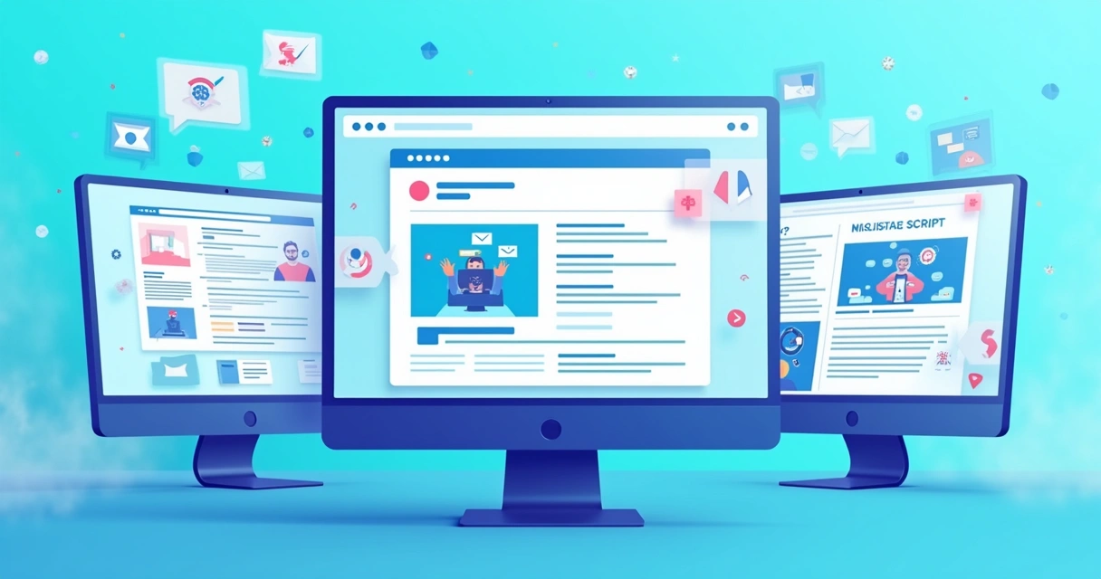 Várias telas mostrando posts, emails e roteiros criados com inteligência artificial. 