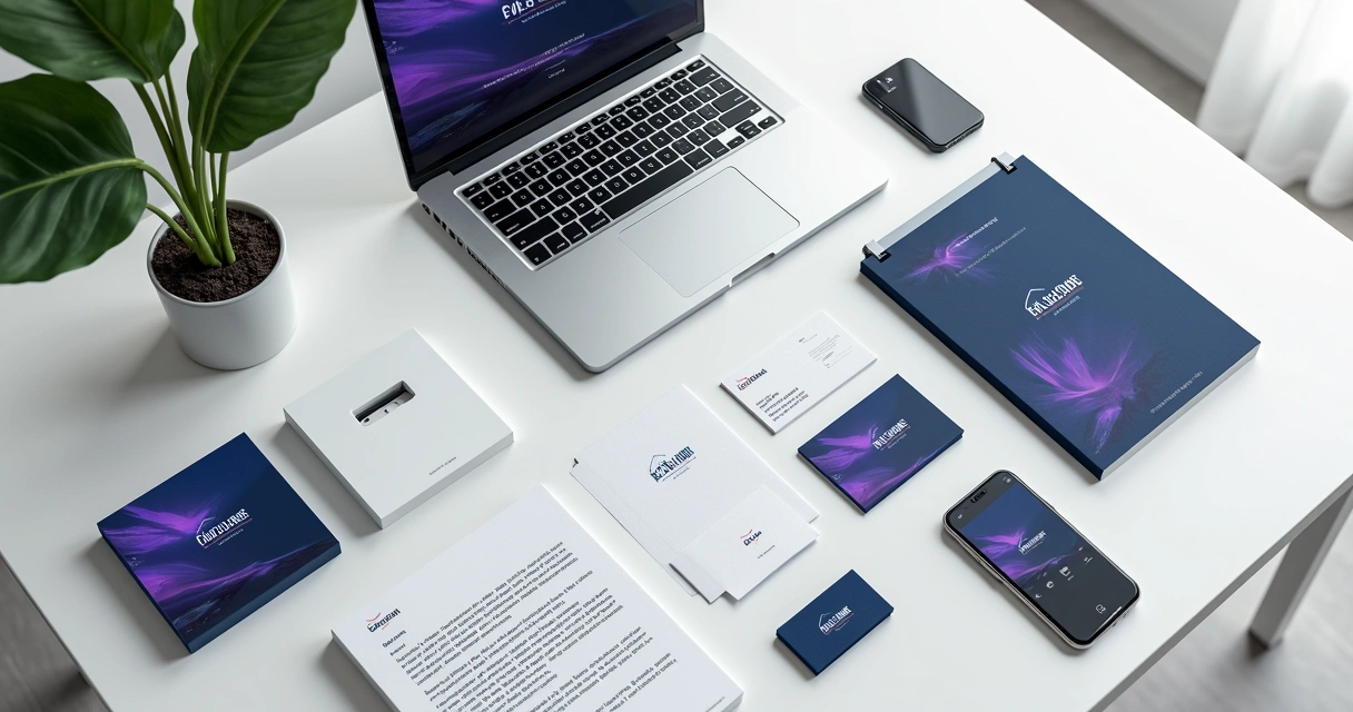 Aplicações da identidade visual em materiais diversos, como cartões e banners 