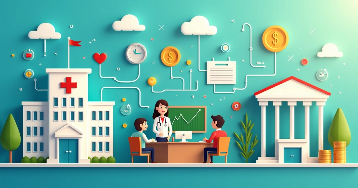 Montagem de setores variados como saúde, educação e finanças com símbolos digitais de IA integrando as áreas 