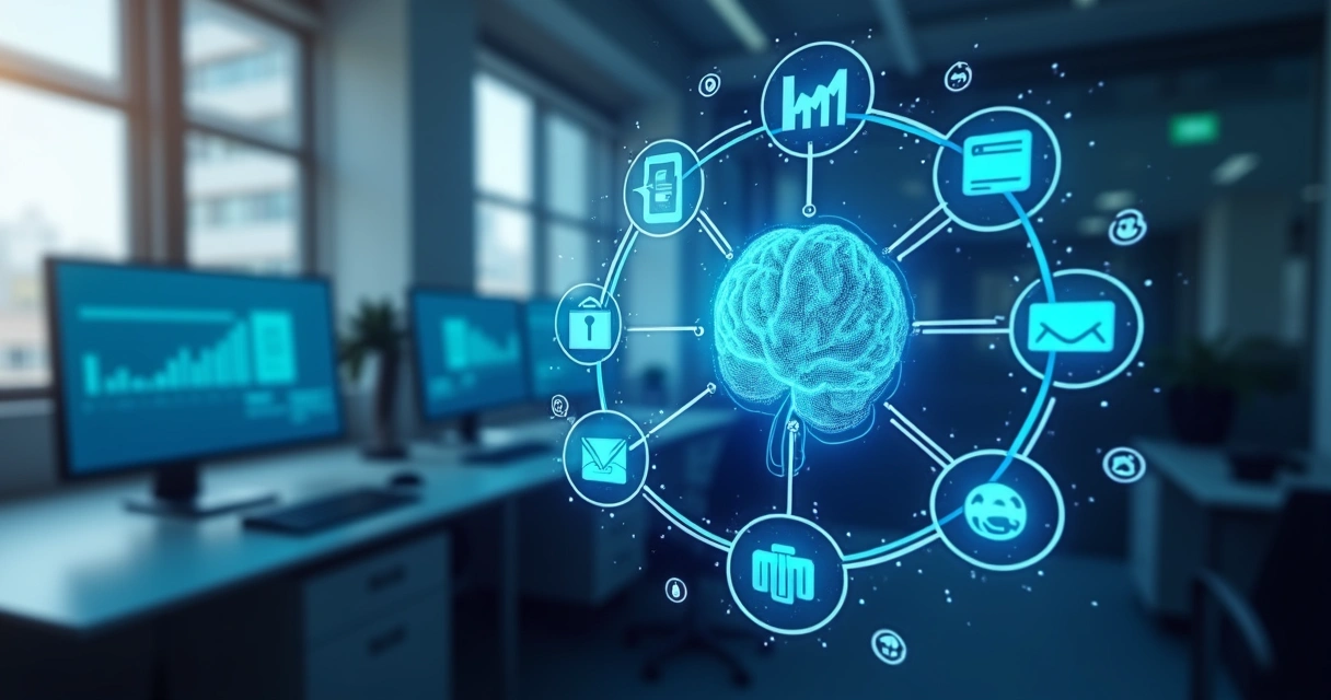 Aplicações de inteligência artificial na comunicação empresarial, com ícones de IA e conectividade