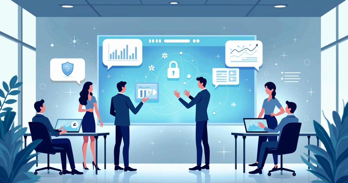 Ilustração corporativa mostrando aplicações de inteligência artificial em ambientes de escritório com painéis digitais, gráficos e assistentes virtuais 