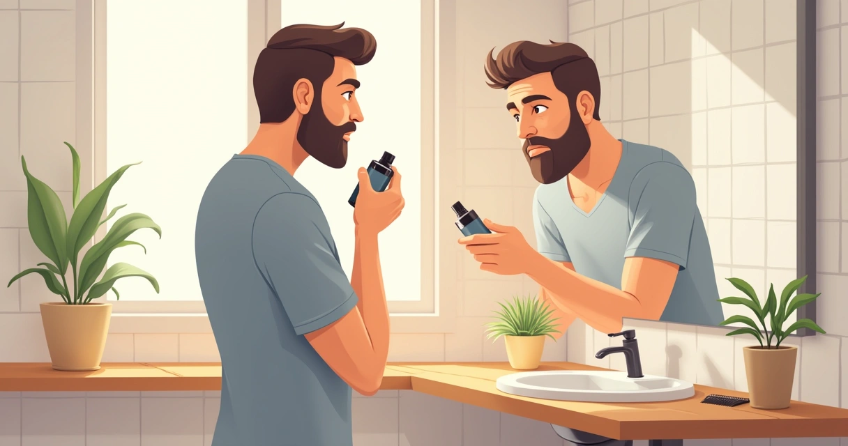 Homem aplicando minoxidil na barba em um banheiro bem iluminado, com elementos de cuidado pessoal.