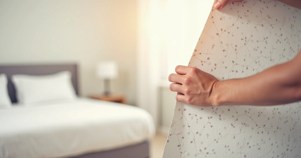 Pessoa aplicando papel de parede em quarto