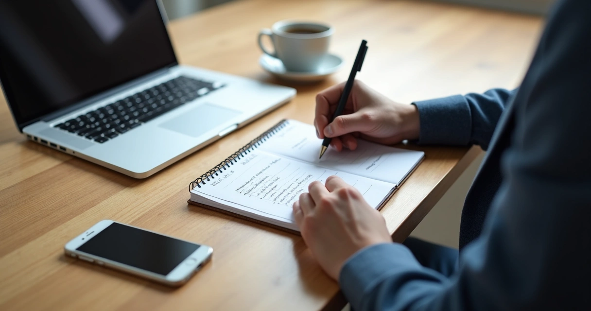 Pessoa anotando perguntas de vendas em caderno ao lado do notebook