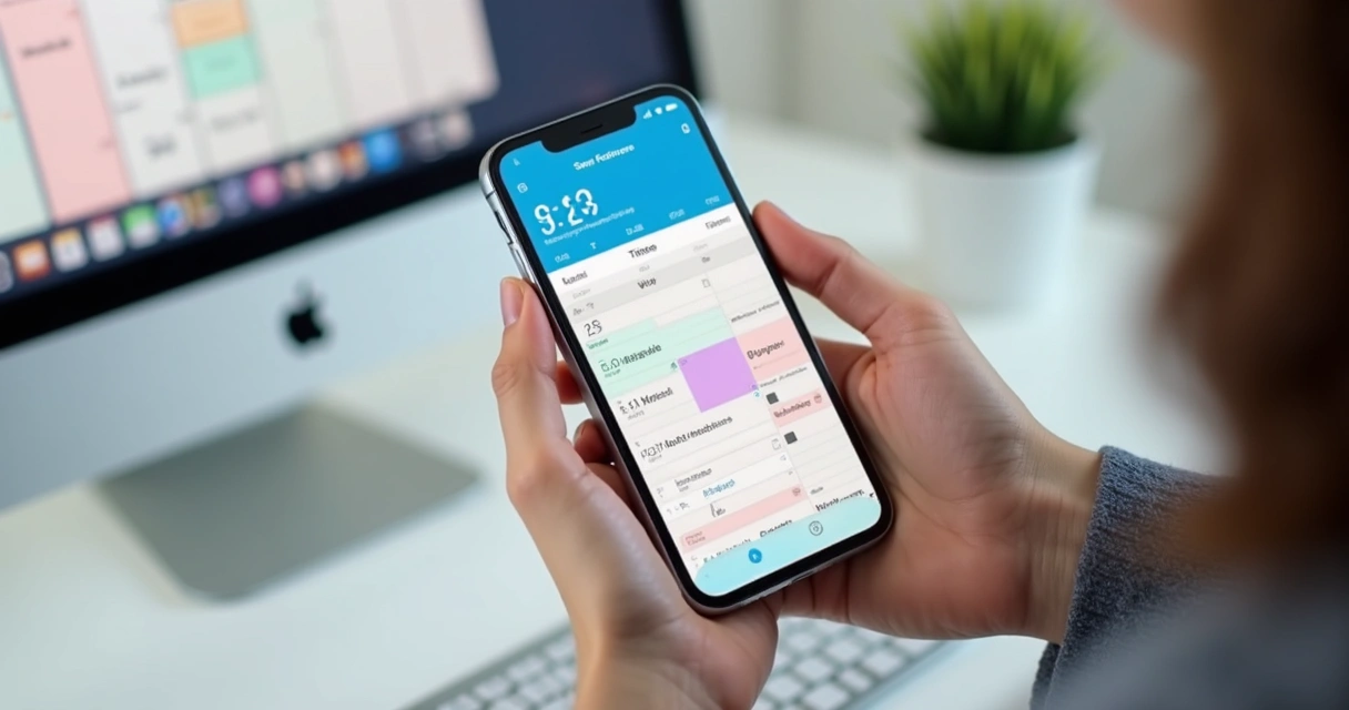 Tela de aplicativo de agenda com blocos coloridos e notificações