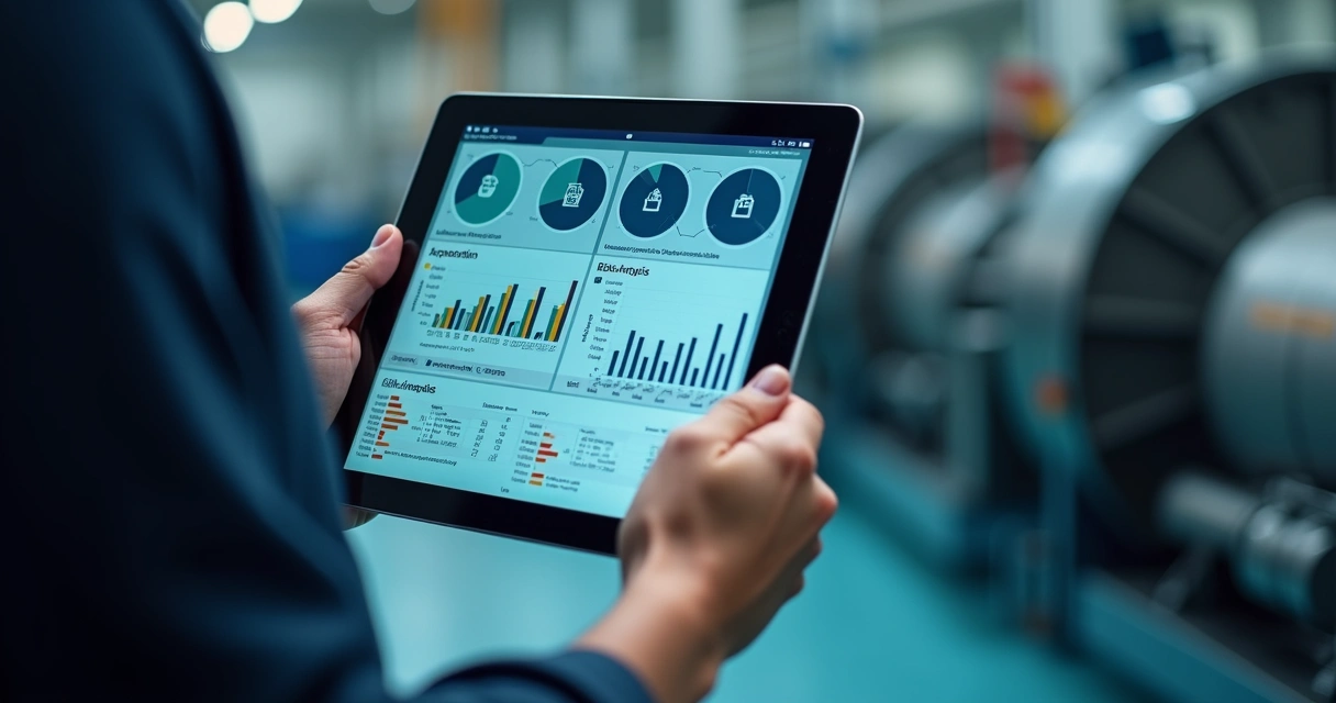 Aplicativo digital analisando falhas em equipamentos industriais na tela de um tablet. 