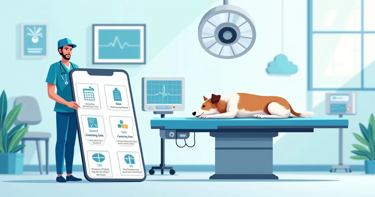 Veterinário usando aplicativo de anestesia veterinária em tablet ao lado de cão em mesa cirúrgica 