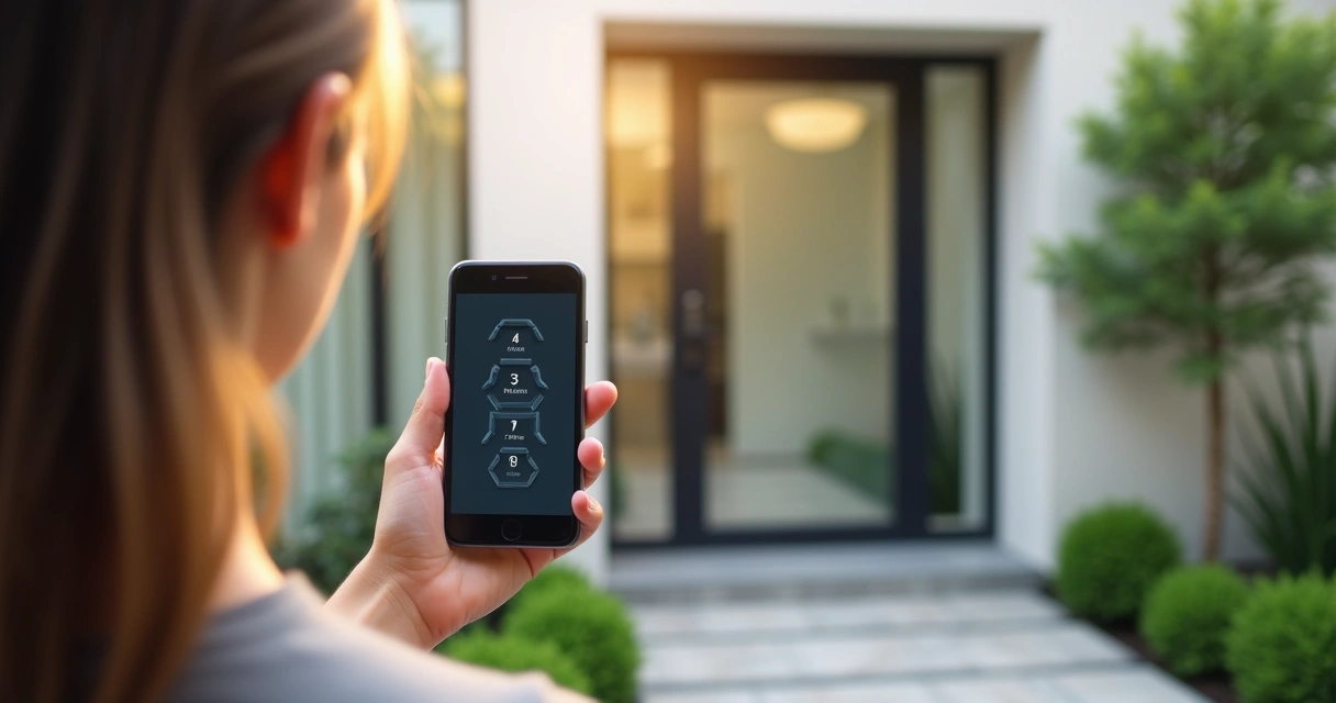 Aplicativo de automação de acesso aberto em smartphone em mão feminina 