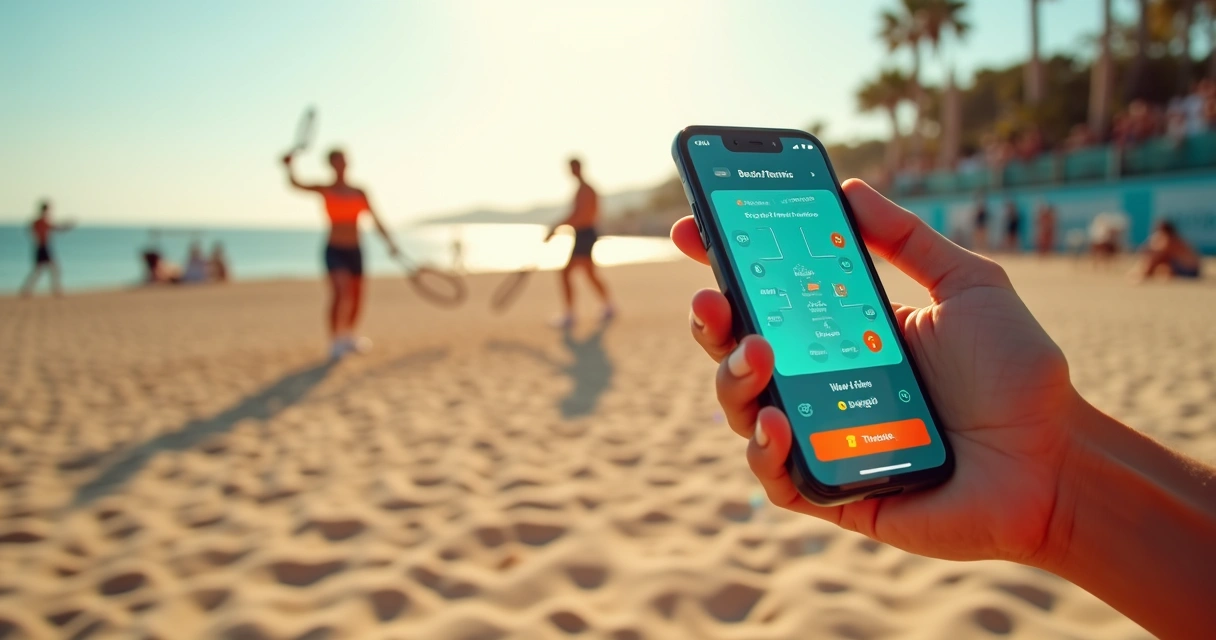 Tela de aplicativo de beach tennis exibindo torneio e ranking ao lado de dupla em quadra de areia 