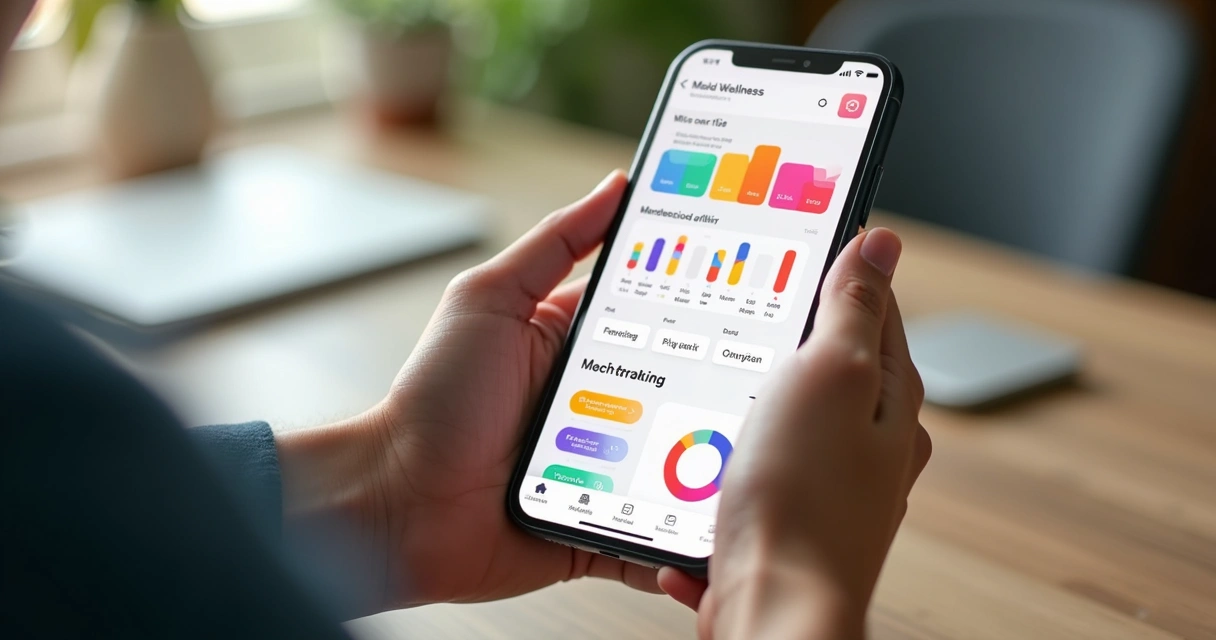 Pessoa usando aplicativo de bem-estar e saúde mental no celular, interface colorida.
