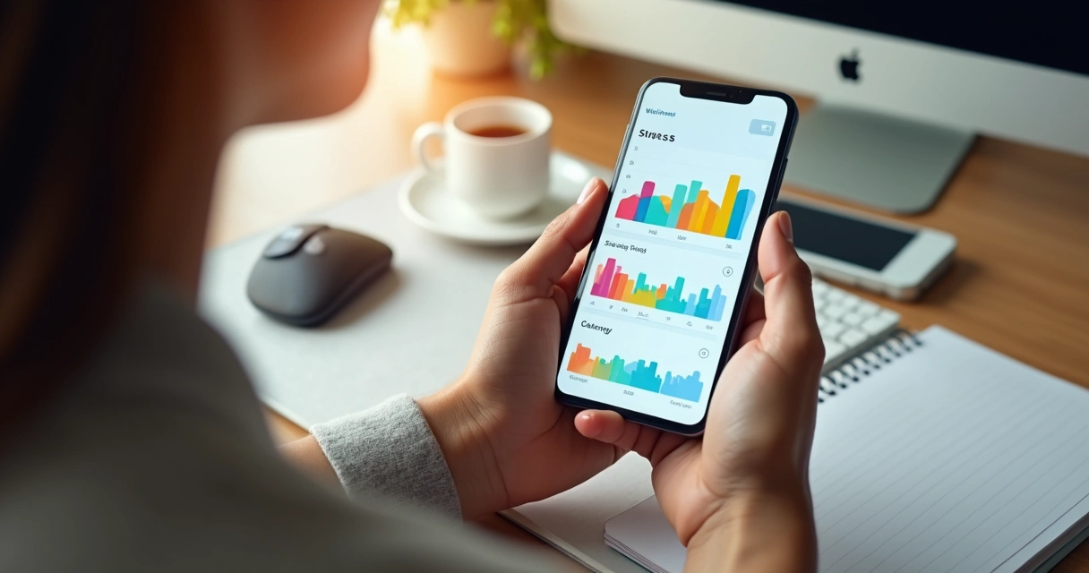 Tela de aplicativo de bem-estar corporativo em smartphone em mãos de colaborador. 