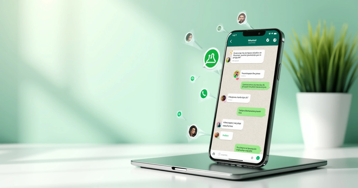 Ilustração de chatbot integrando WhatsApp em tela de smartphone