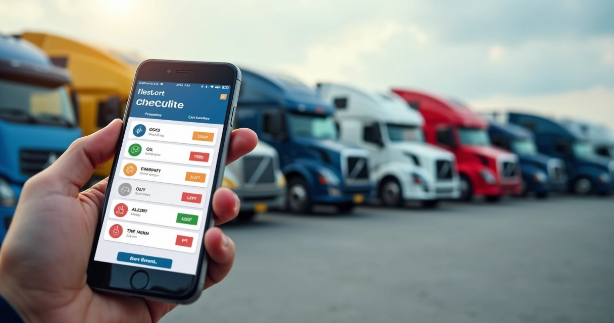 Tela de aplicativo de checklist digital de frotas em celular em mãos 
