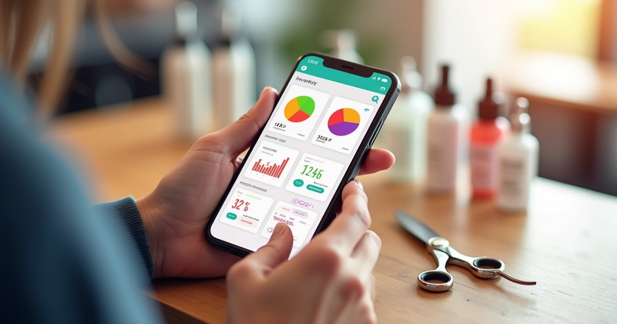 Aplicativo de controle de estoque no celular com gráficos coloridos 