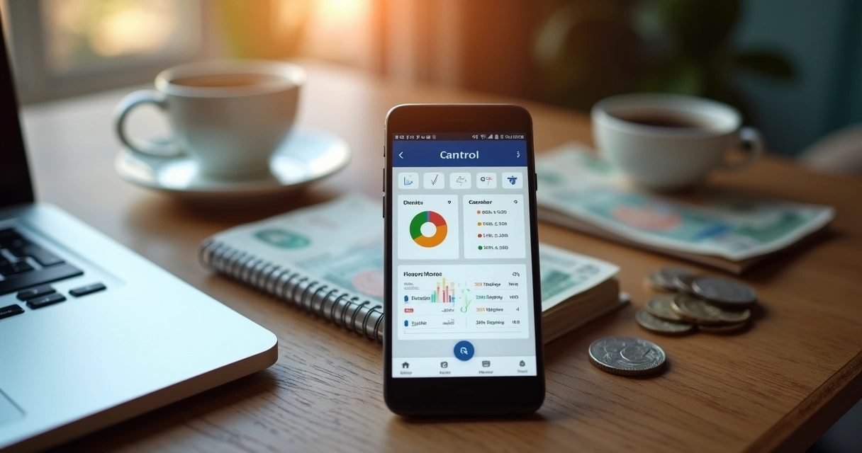 Celular mostrando tela de aplicativo de controle financeiro ao lado de um notebook 