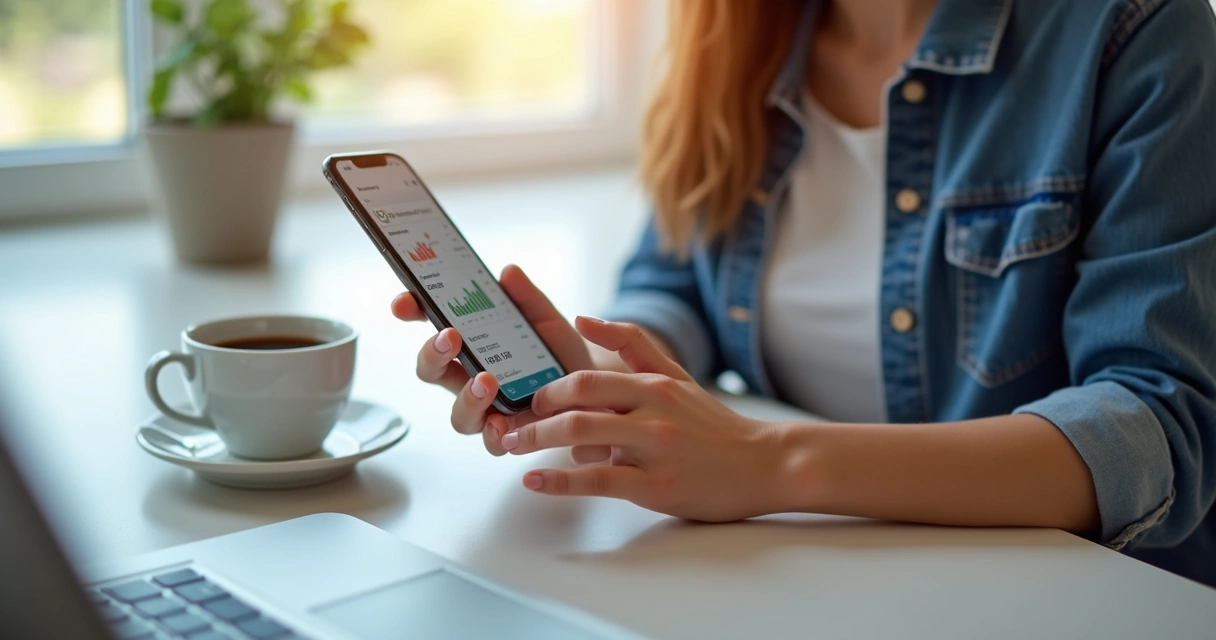 Pessoa usando aplicativo de controle de gastos no celular sentado à mesa 