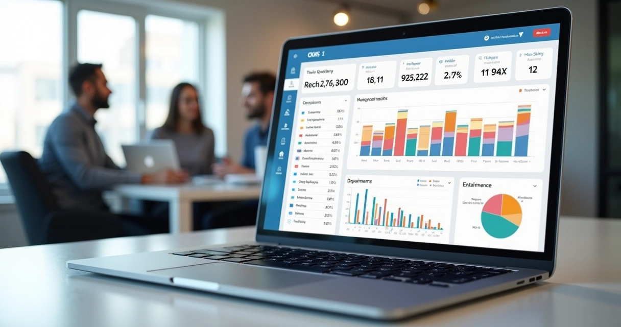 Tela de dashboard de aplicação web mostrando progresso de OKRs em gráficos coloridos para PME 