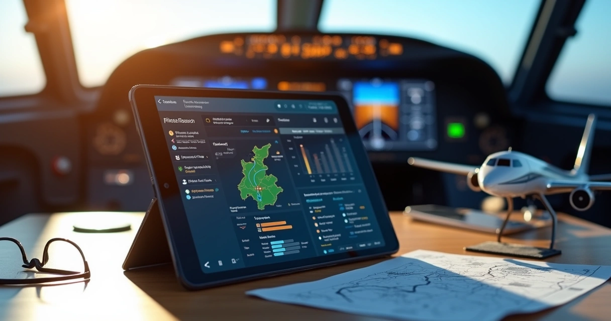 Tela de aplicativo para escola de aviação mostrando dashboard com voos, rotas e informações de treinamento 