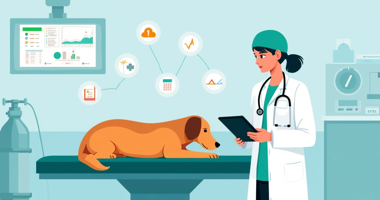 Veterinário usando aplicativo de ficha de anestesia em tablet ao lado de cão em mesa cirúrgica 