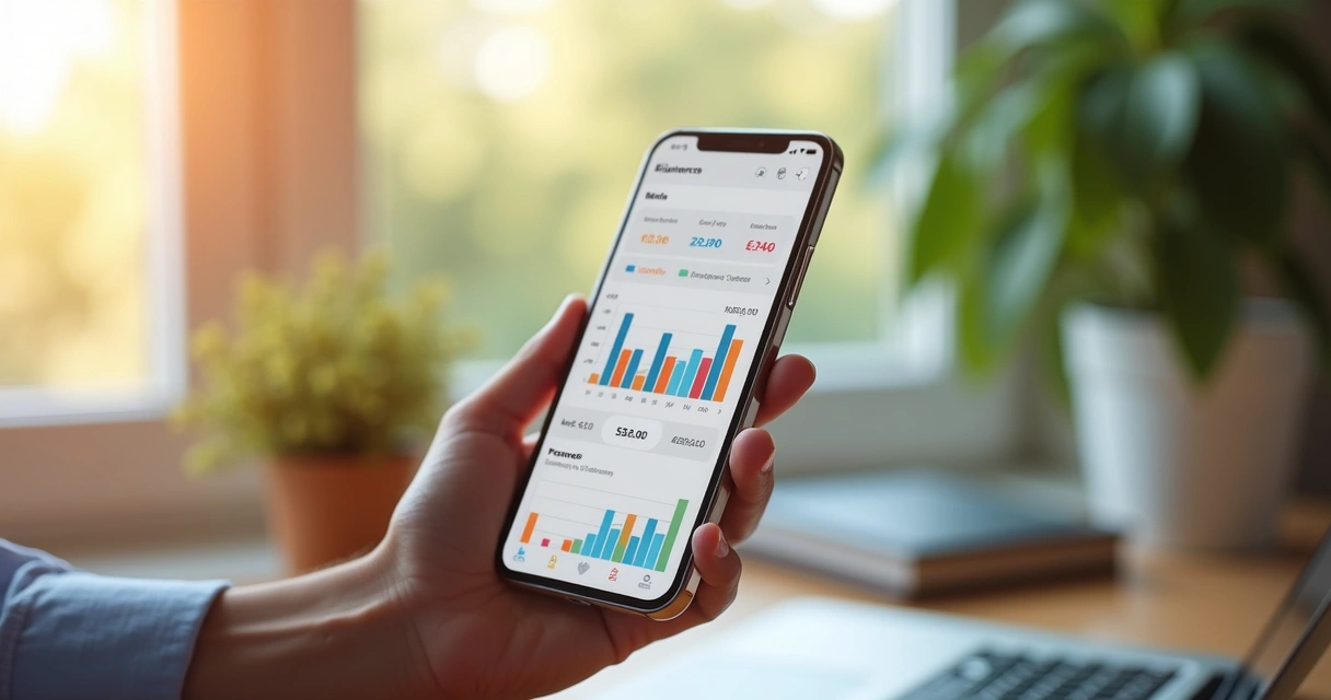 App de finanças exibido em um smartphone, mostrando gráficos e saldo bancário 
