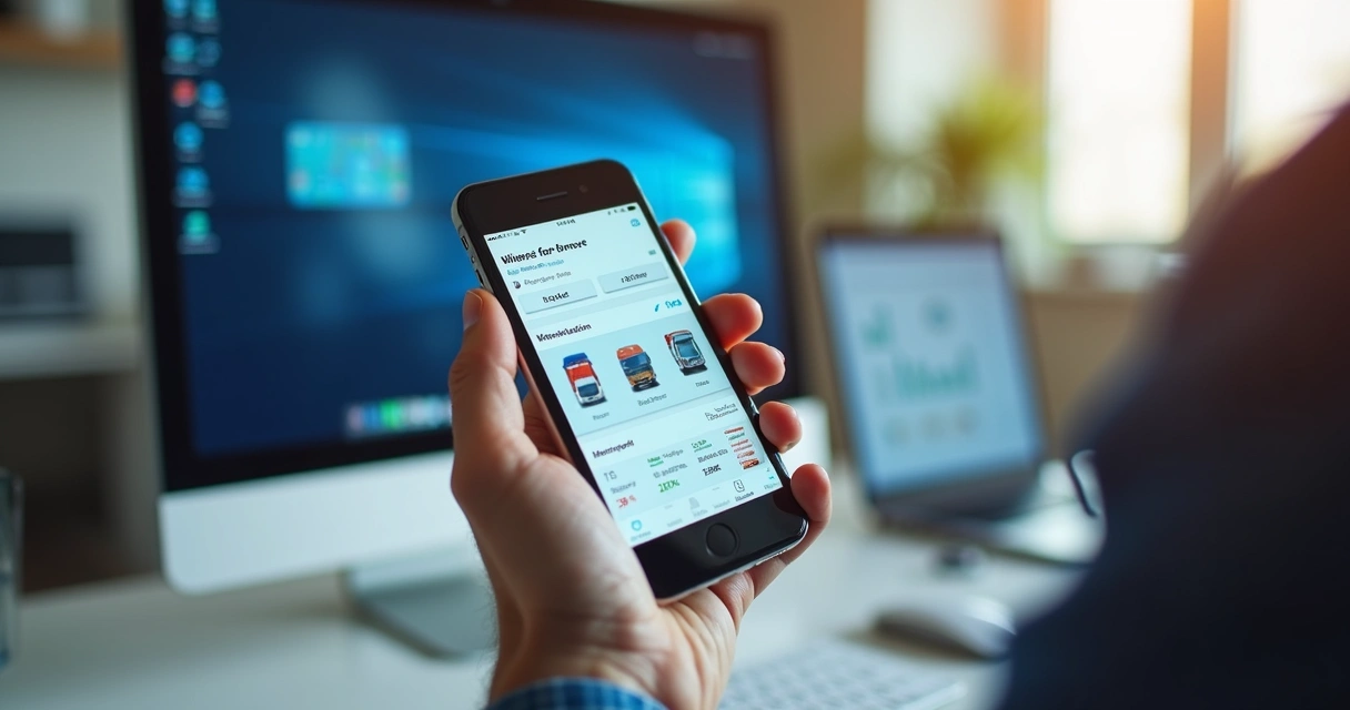 Tela de smartphone com aplicativo de gestão de frota e comandos de rota 