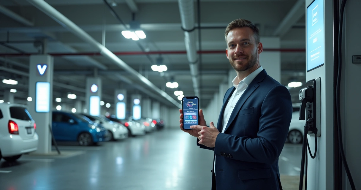 Gestor usando aplicativo no celular para monitorar recarga de carro elétrico em estacionamento. 